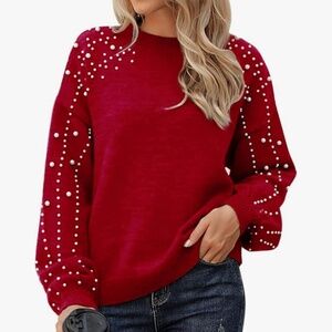 Faux Pearl Red Long Sleeve Sweater Size Small